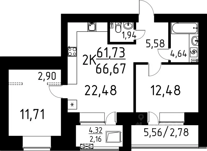 2-к кв. Томская область, Томск ул. Вершинина, 58к2 (66.67 м) - Фото 1