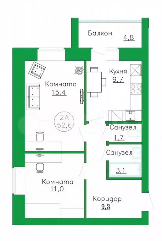 2-к. квартира, 62,6м, 4/8эт. - Фото 1