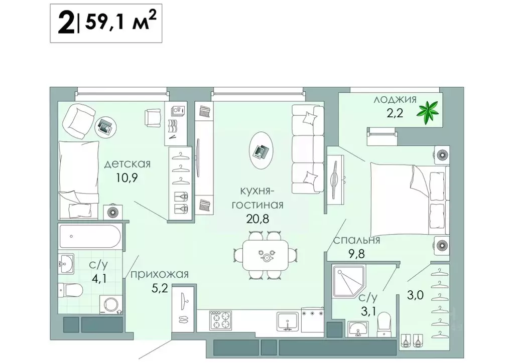 2-к кв. Тверская область, Тверь Южный мкр,  (59.1 м) - Фото 0