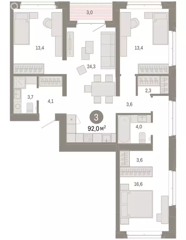 3-комнатная квартира: Тюмень, жилой комплекс На Минской (91.99 м) - Фото 1