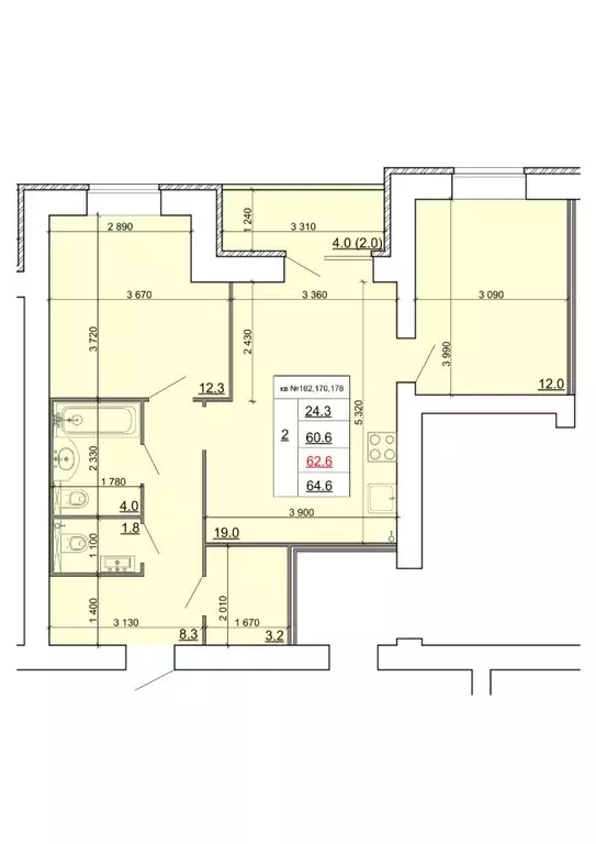 2-к кв. Костромская область, Кострома Новый город мкр,  (62.6 м) - Фото 1