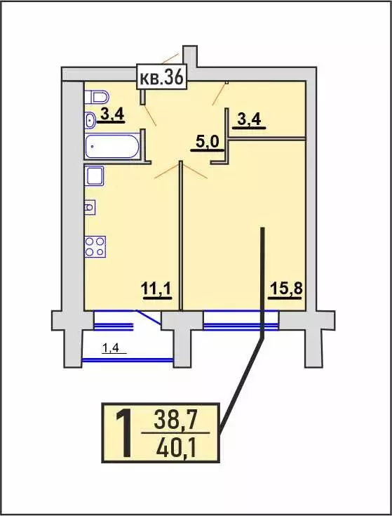 Продаётся 1-к квартира, 40.1 м - Фото 1