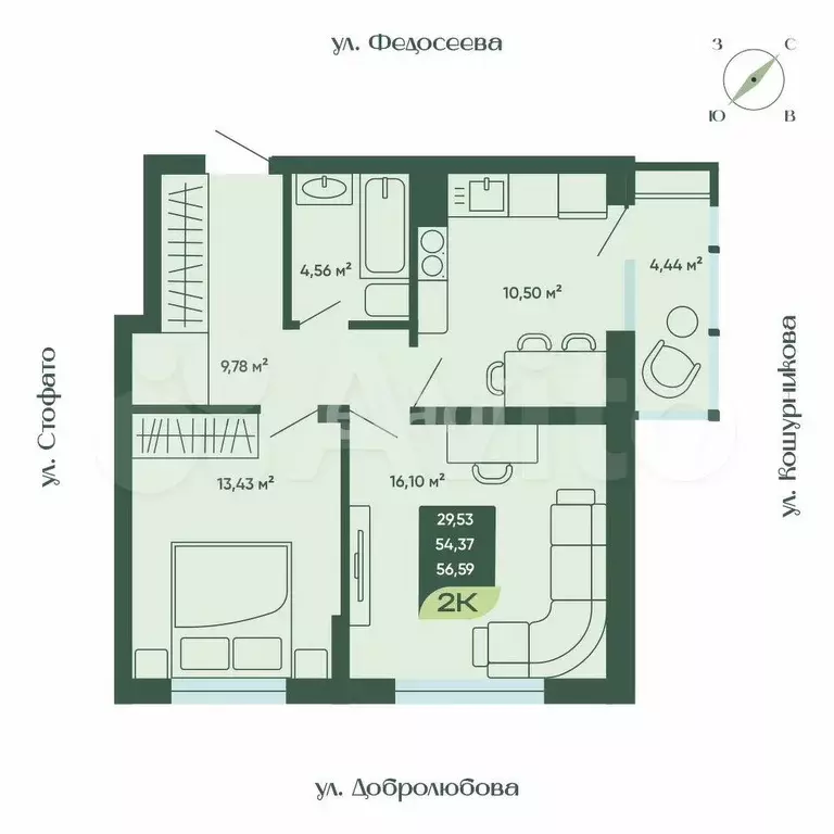 2-к. квартира, 56,5 м, 3/18 эт. - Фото 0