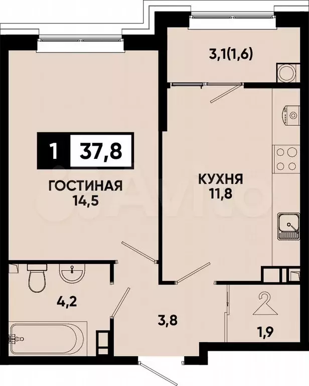 1-к. квартира, 37,8 м, 7/14 эт. - Фото 0