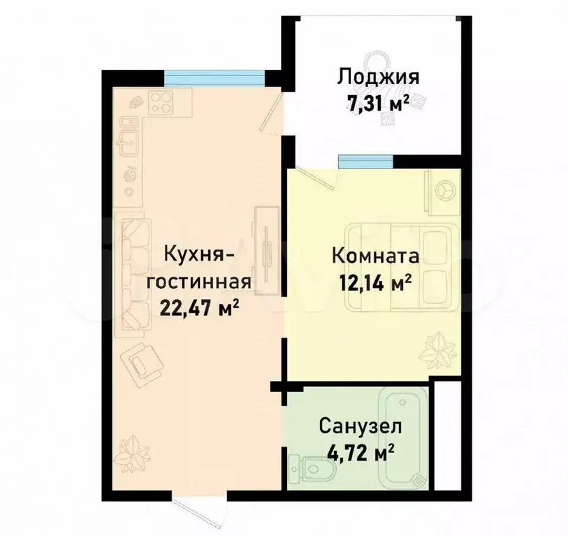 1-к. квартира, 46,6 м, 3/12 эт. - Фото 0