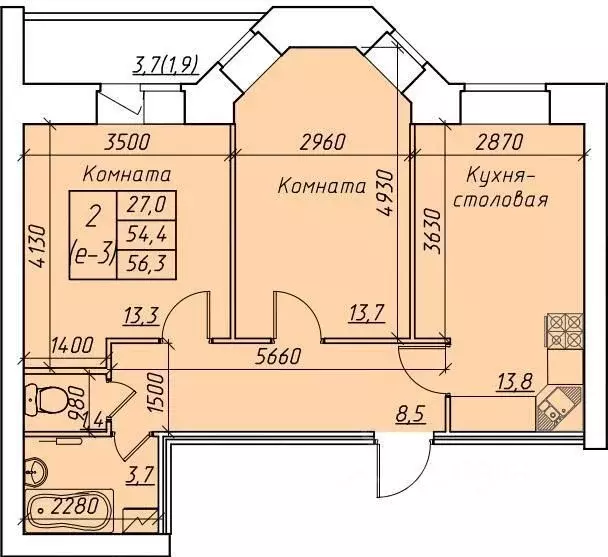 2-к кв. Вологодская область, Вологда  (56.3 м) - Фото 1