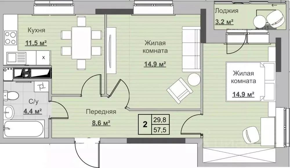 2-к кв. Удмуртия, Ижевск ул. Ухтомского (57.3 м) - Фото 0