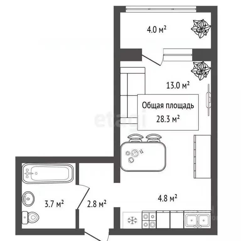 Студия Новосибирская область, Обь Геодезическая ул., 6Вк2 (28.3 м) - Фото 2
