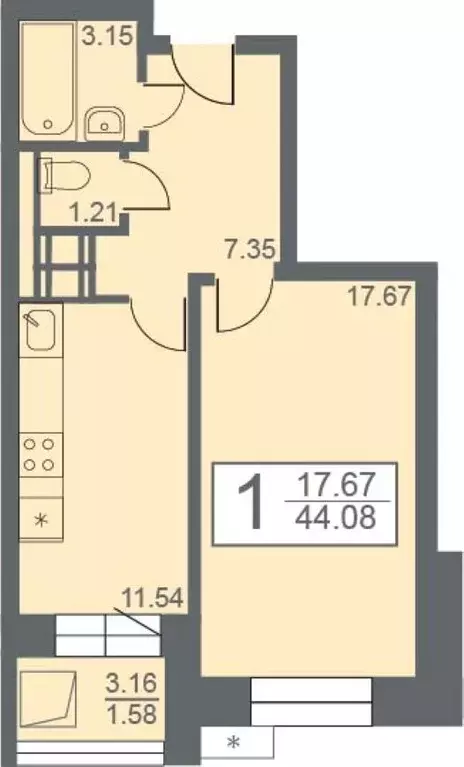 Квартира, 1 комната, 44.08 м - Фото 1