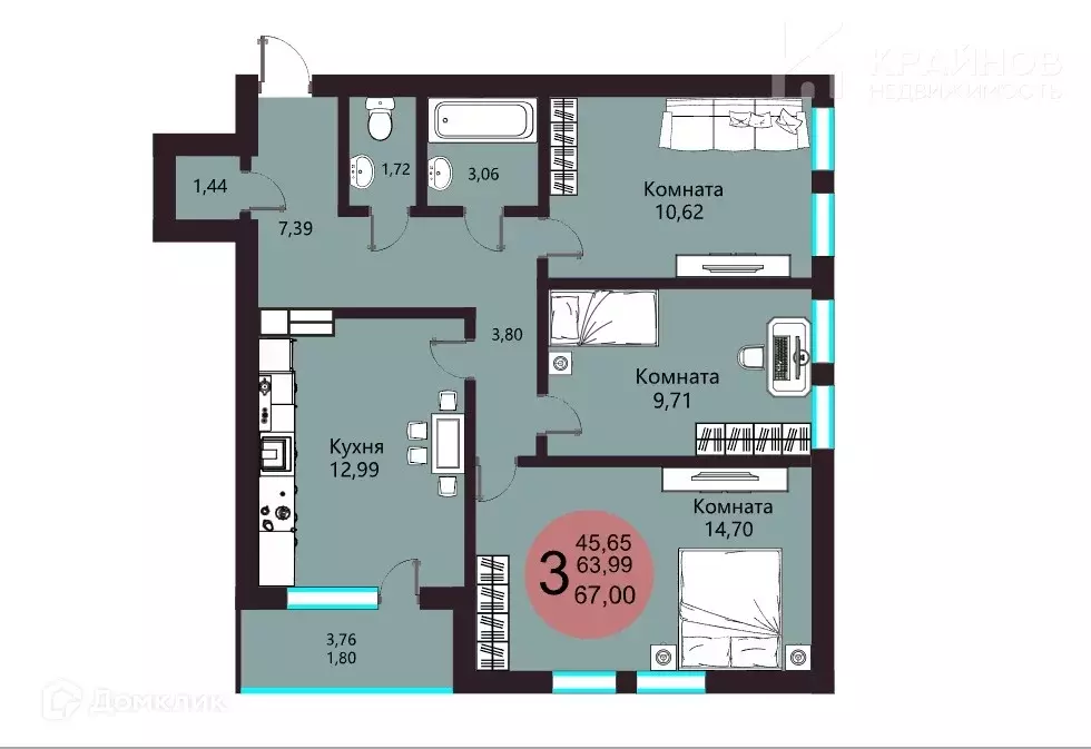 Продаётся 3-к квартира, 67.31 м - Фото 1