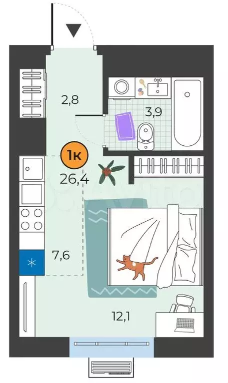 Квартира-студия, 26,4м, 2/9эт. - Фото 0