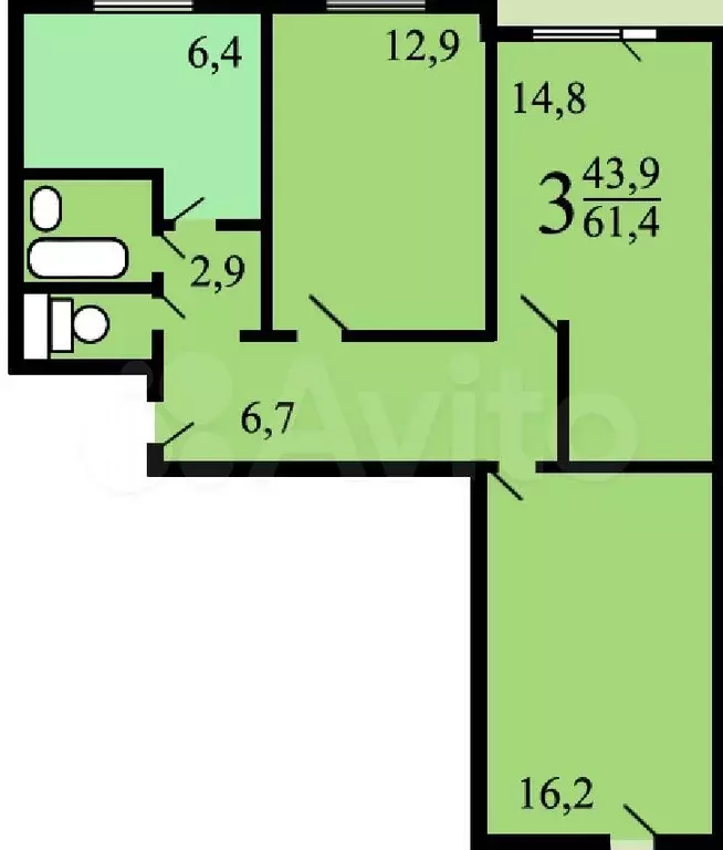 3-к. квартира, 61 м, 1/12 эт. - Фото 0