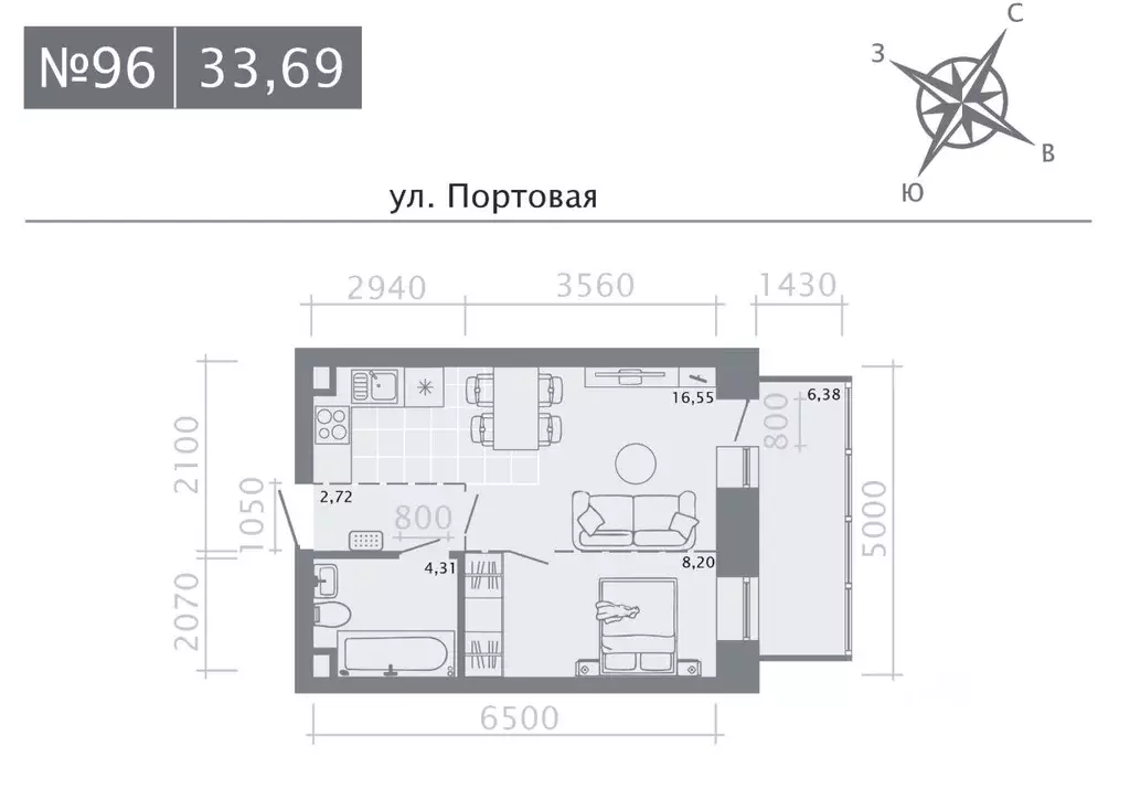 Студия Татарстан, Казань Живи на Портовой жилой комплекс (33.69 м) - Фото 0