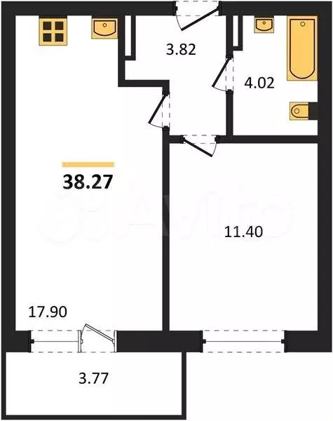 1-к. квартира, 38,3 м, 9/9 эт. - Фото 1