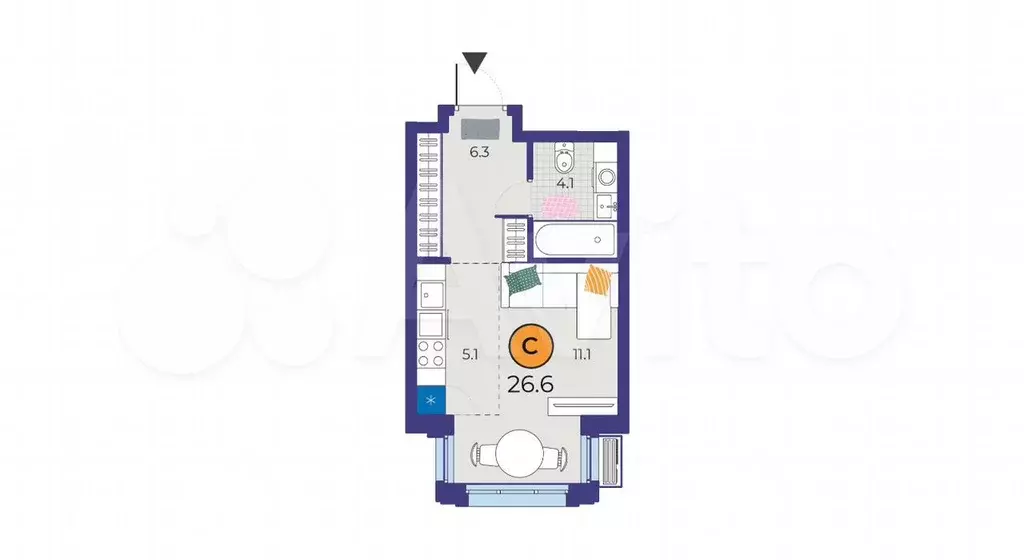 Квартира-студия, 26,6 м, 2/10 эт. - Фото 1