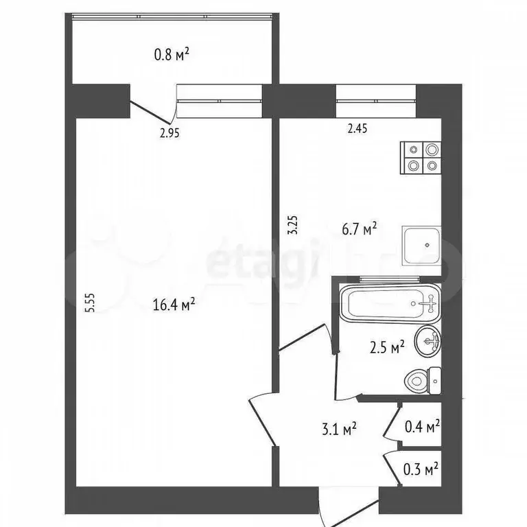 1-к. квартира, 29,4 м, 3/5 эт. - Фото 0