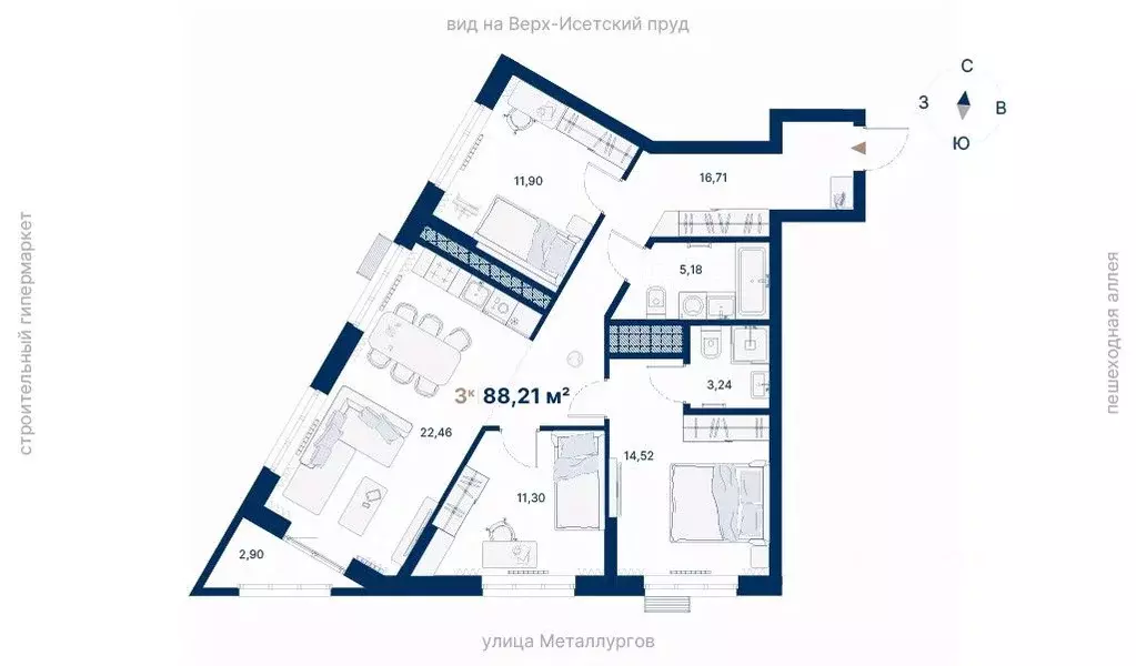 3-к кв. Свердловская область, Екатеринбург ул. Металлургов, 70Е (88.21 ... - Фото 1