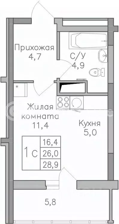 Студия Воронежская область, Воронеж Поколение жилой комплекс (28.9 м) - Фото 0