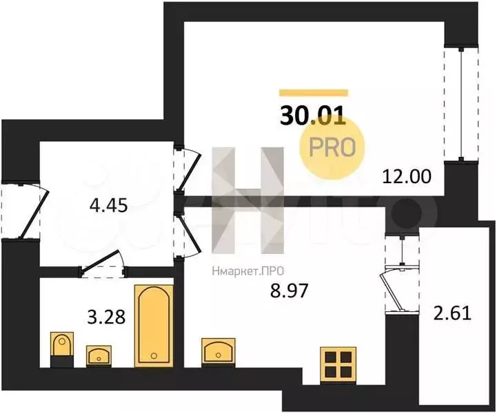1-к. квартира, 31 м, 8/9 эт. - Фото 1