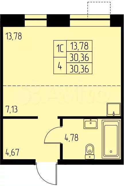 Квартира-студия, 30,4 м, 7/23 эт. - Фото 0