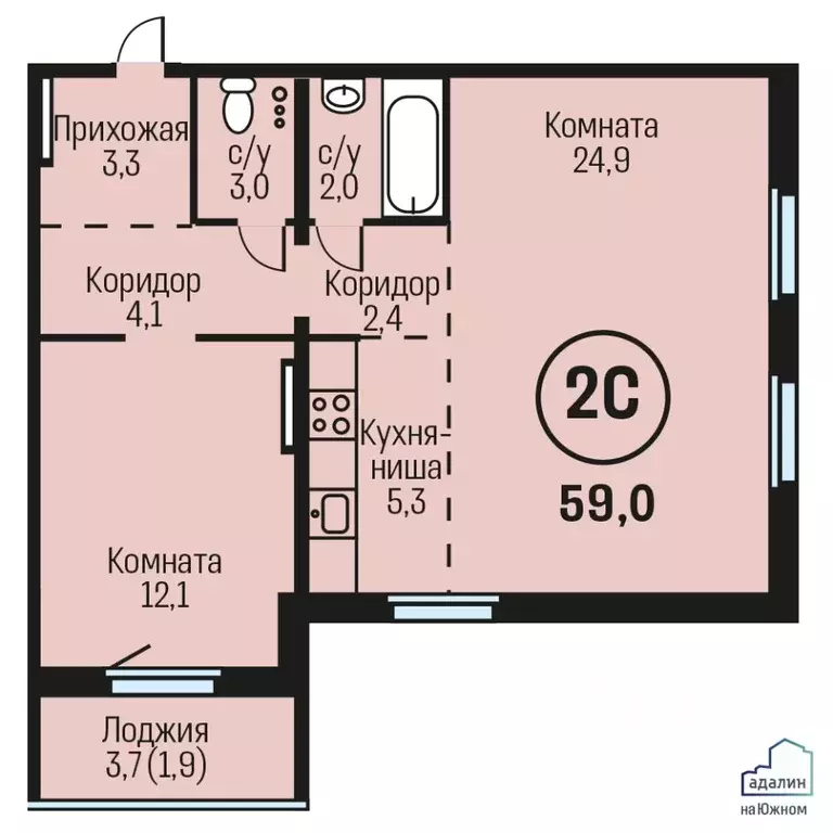 2-к кв. Алтайский край, Барнаул городской округ, Южный рп  (59.0 м) - Фото 0