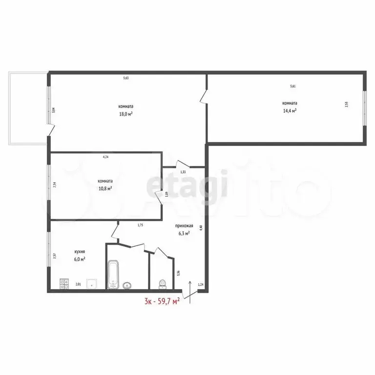 3-к. квартира, 59,7 м, 2/5 эт. - Фото 0