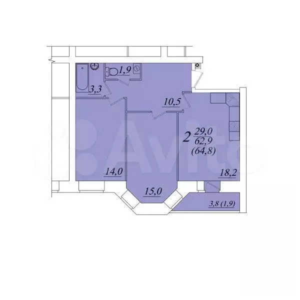 2-к. квартира, 64,8 м, 3/10 эт. - Фото 0