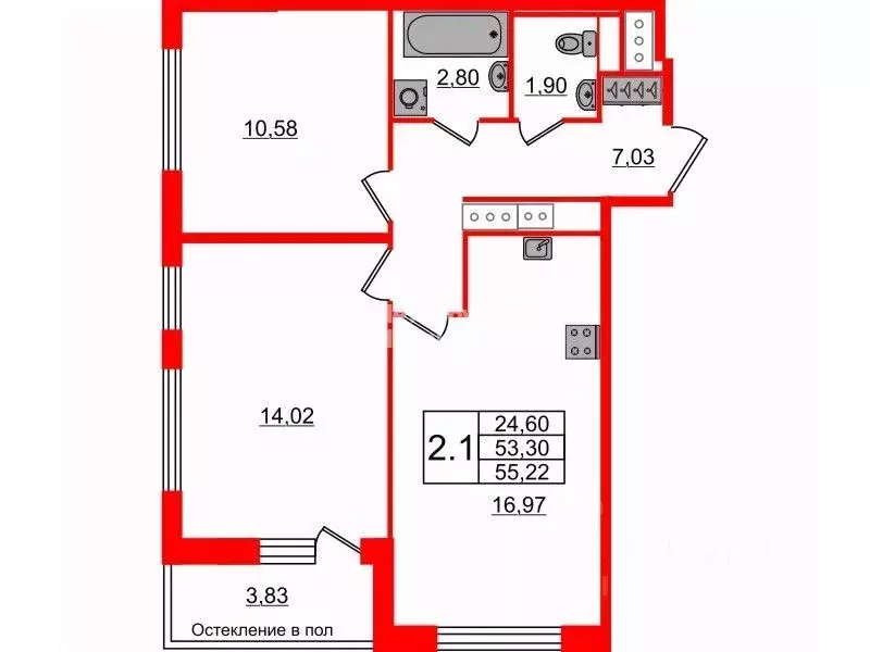 2-к кв. Санкт-Петербург Кубинская ул., 76к1 (53.3 м) - Фото 2