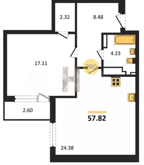 1-к. квартира, 57,8 м, 1/9 эт. - Фото 1