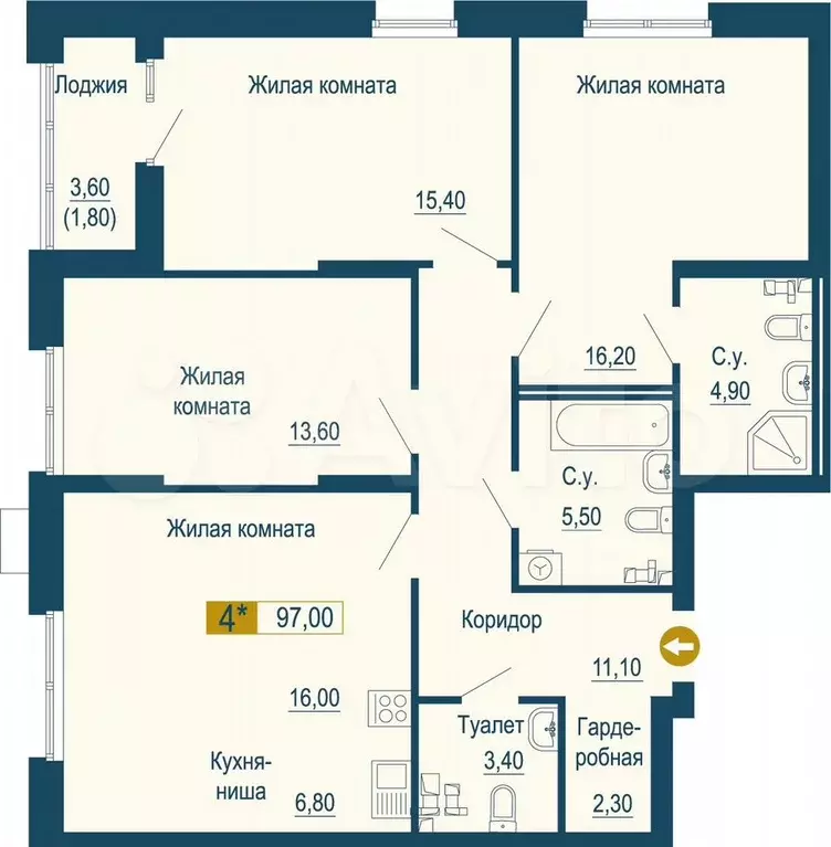 3-к. квартира, 97 м, 5/25 эт. - Фото 0