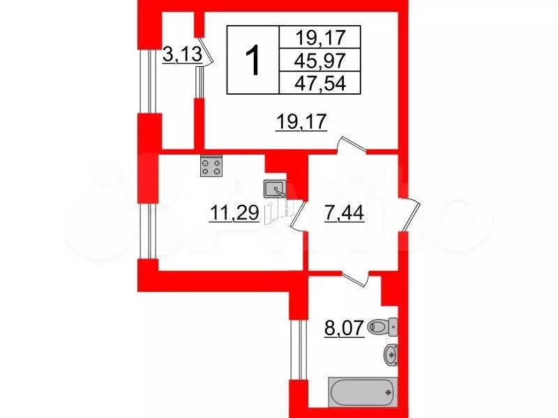 1-к. квартира, 47,6 м, 9/9 эт. - Фото 0
