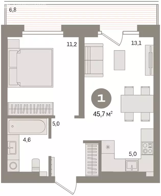 1-комнатная квартира: Тюмень, Причальная улица, 9 (45.7 м) - Фото 2