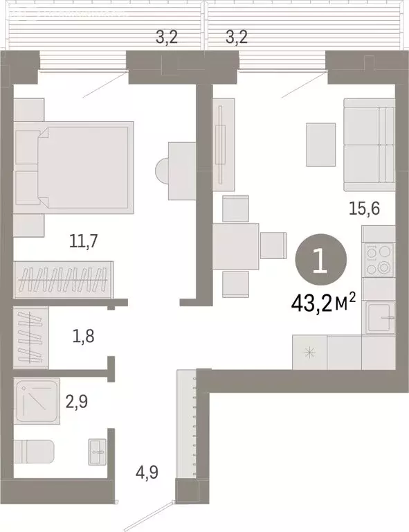 1-комнатная квартира: Тюмень, Причальная улица, 7 (43.18 м) - Фото 1