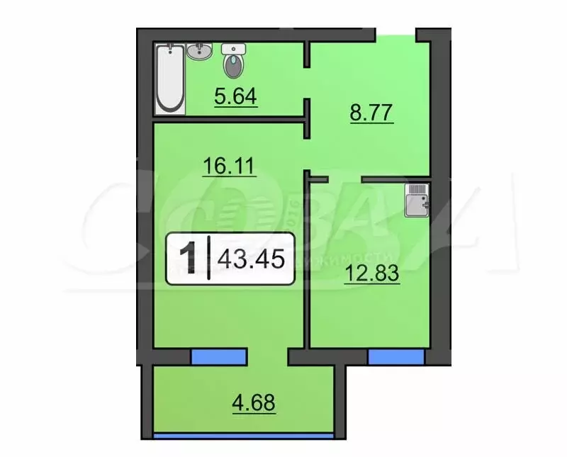 1-комнатная квартира: Тюменский муниципальный округ, рабочий посёлок ... - Фото 2