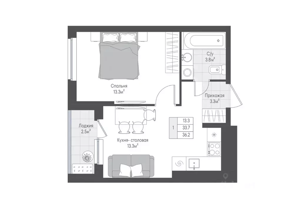 1-к кв. Тверская область, Тверь Лесная Мелодия-3 жилой комплекс (34.95 ... - Фото 1