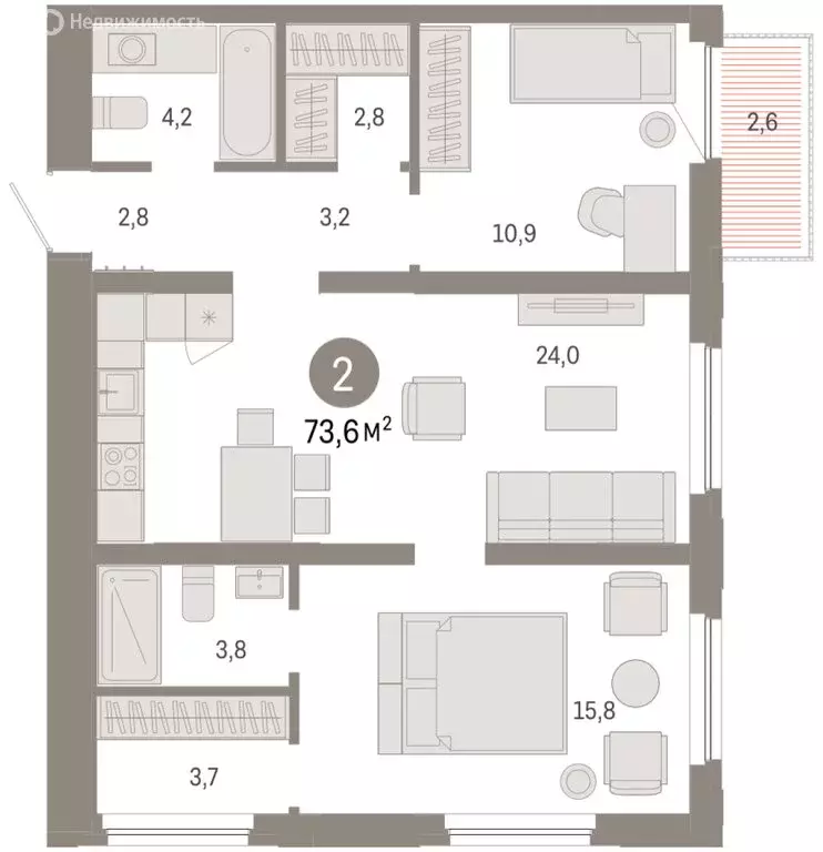 2-комнатная квартира: Тюмень, Мысовская улица, 26к2 (73.55 м) - Фото 2