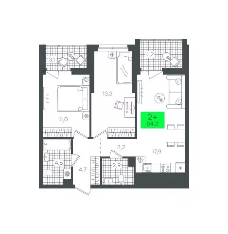 2-к кв. Тюменская область, Тюмень ул. Василия Малкова, 15 (64.27 м) - Фото 0