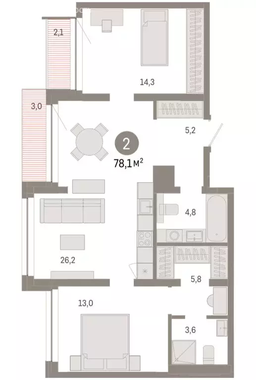 2-комнатная квартира: Тюмень, улица Муравленко, 9/2 (78.08 м) - Фото 2