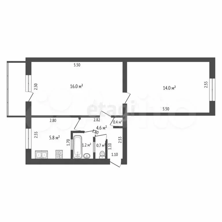 2-к. квартира, 43,4 м, 5/5 эт. - Фото 0