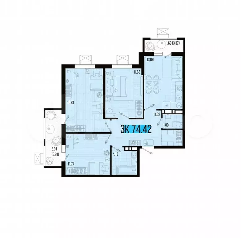 3-к. квартира, 74,4 м, 5/7 эт. - Фото 1