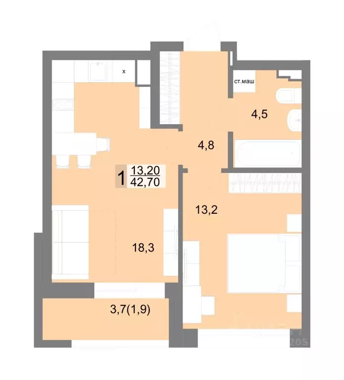 1-к кв. Свердловская область, Екатеринбург ул. Семена Лагоды, 80 (42.7 ... - Фото 1