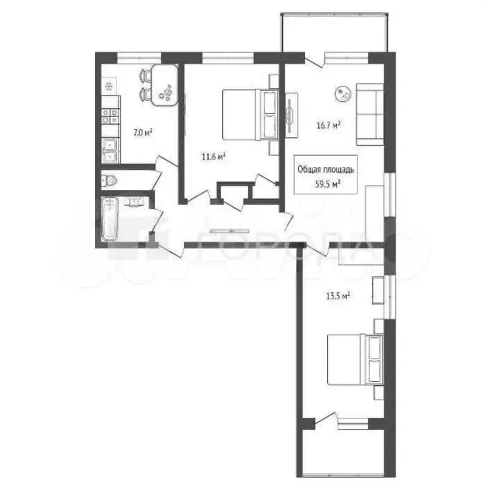 3-к. квартира, 60 м, 8/9 эт. - Фото 0