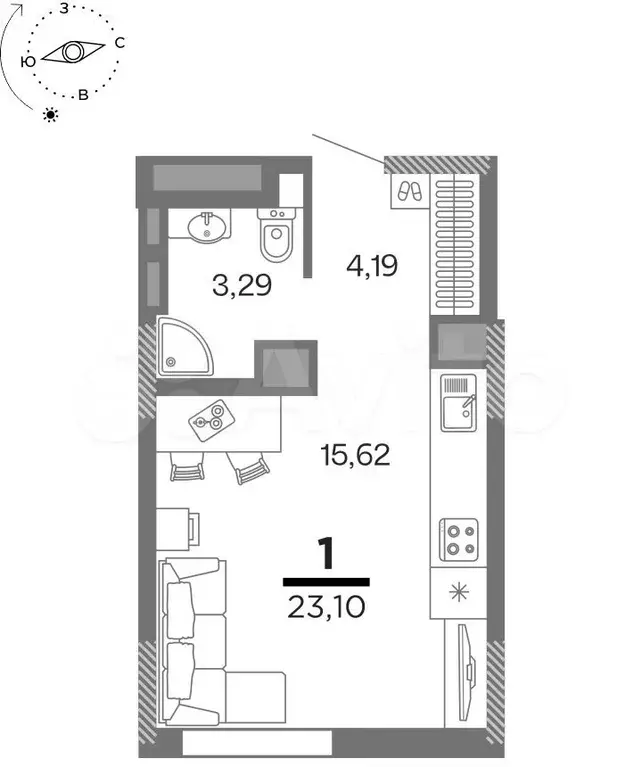 1-к. квартира, 23,1 м, 2/25 эт. - Фото 1