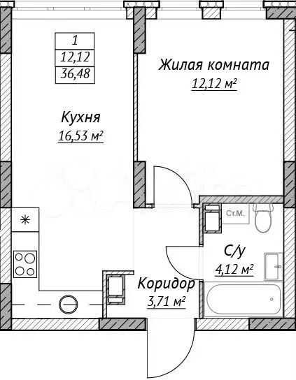 1-к. квартира, 36,5 м, 10/14 эт. - Фото 0