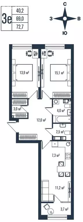 3-комнатная квартира: Владивосток, улица Тухачевского, 33к2 (72.7 м) - Фото 1