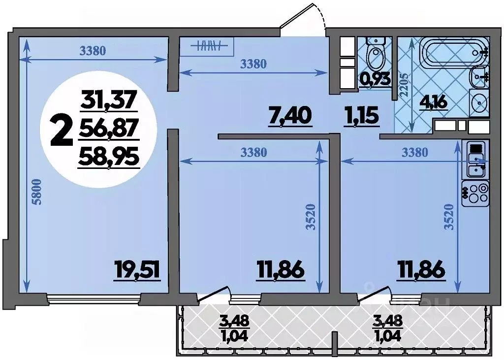 2-к кв. Адыгея, Майкоп  (58.95 м) - Фото 1