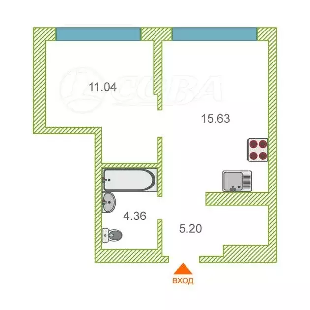 1-комнатная квартира: Тюмень, улица Василия Малкова, 10 (36.4 м) - Фото 1