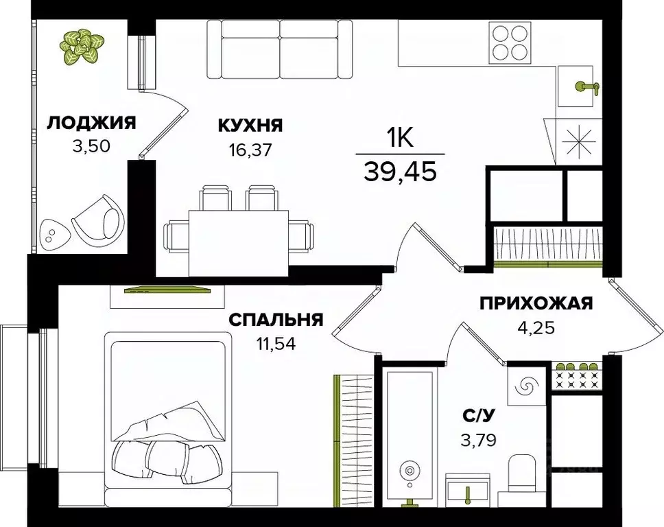 1-к кв. Тульская область, Тула  (39.45 м) - Фото 1