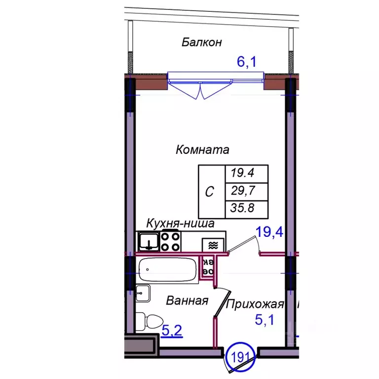 Студия Калининградская область, Светлогорск Балтийская ул. (35.8 м) - Фото 1