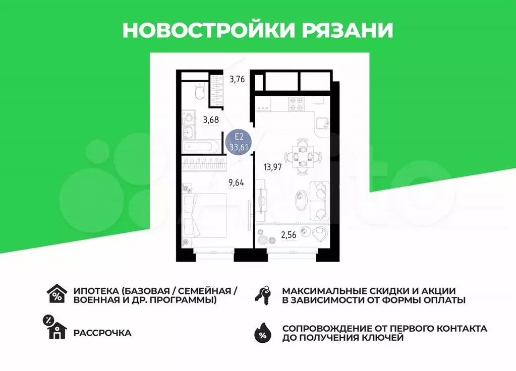 1-к. квартира, 33,6 м, 4/20 эт. - Фото 0